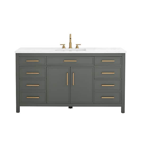 Cooper 60 in. W Bath Vanity in Vintage Green with Engineered Stone Top in Ariston White with White Sink