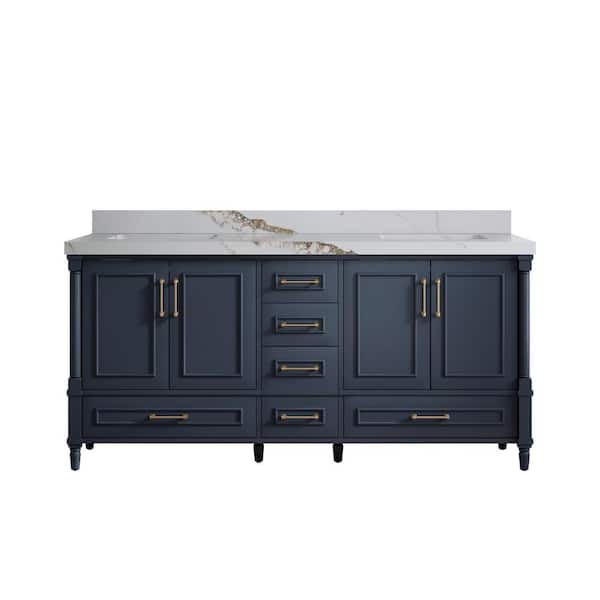 Willow Collections Hudson 72 in. W x 22 in. D x 36 in. H Double Sink Bath Vanity in Navy Blue with 2 in. Calacatta Gold qt. Top