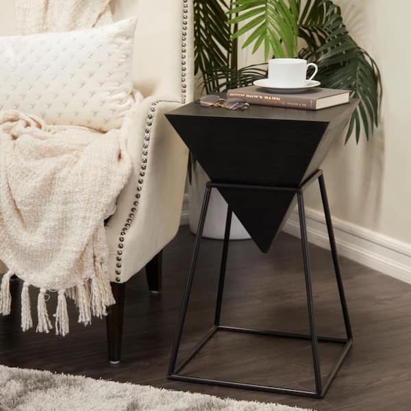 Litton Lane 14 in. Black Inverted Pyramid Geometric Large Triangle Wood End Table with Black Metal Stand