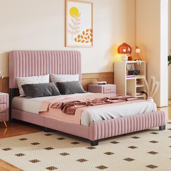 Harper & Bright Designs Pink Wood Frame Full Size Velvet Upholstered Platform Bed with Height Adjustable Headboard