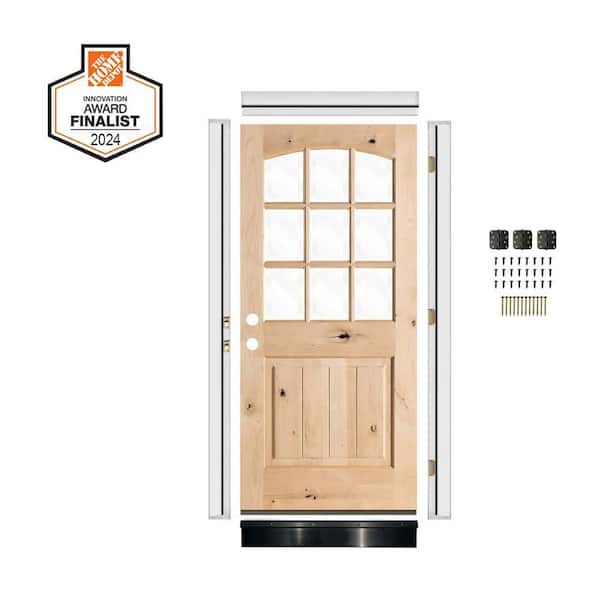 DIY 36 in. x 80 in. Archtop Right-Hand Clear Glass Unfinished Knotty Alder Wood Front Door Kit w/ Quick Assemble Jamb
