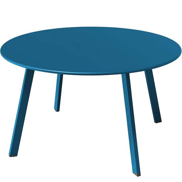 27.5 in. Round Steel Patio Coffee Table, Weather Resistant Large Outdoor Side Table, Peacock Blue