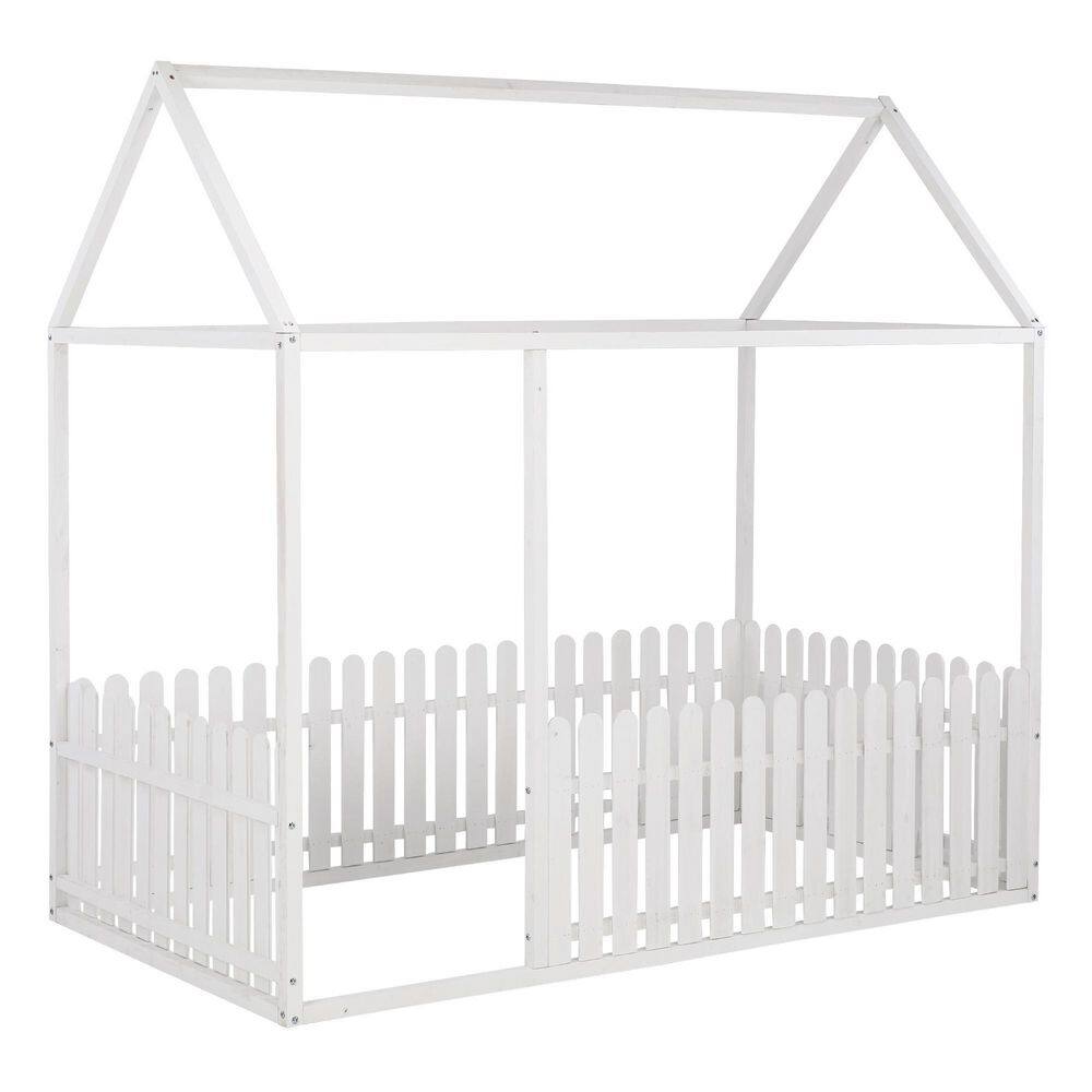 White Twin Size Bed Guardrails for children Wooden Playhouse With Roof ...