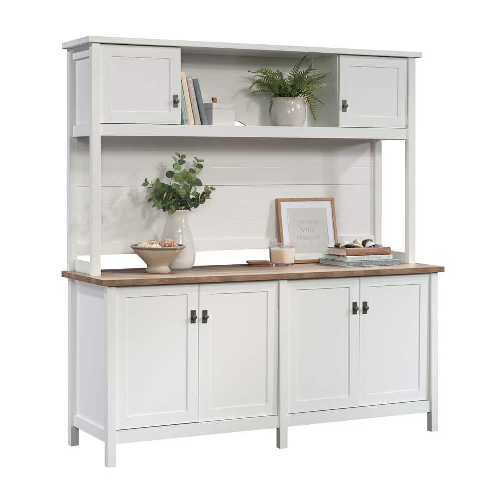 White and Oak Engineered Wood Credenza with Hutch