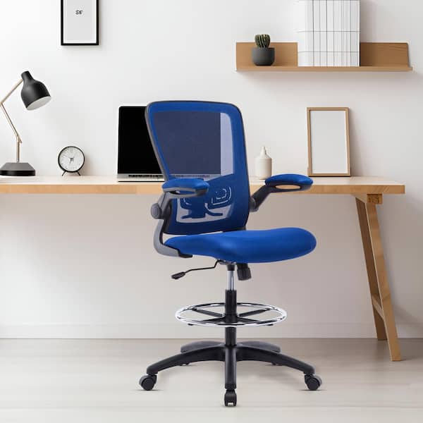 MAYKOOSH Blue Flip-Top Ergonomic Mesh Drafting Swivel Desk Chair Lumbar Support, Height Adjustable with Foot Ring