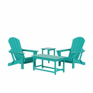 Laguna 4-Piece Fade Resistant Outdoor Patio HDPE Poly Plastic Folding Adirondack Chairs and Tables Set in Turquoise