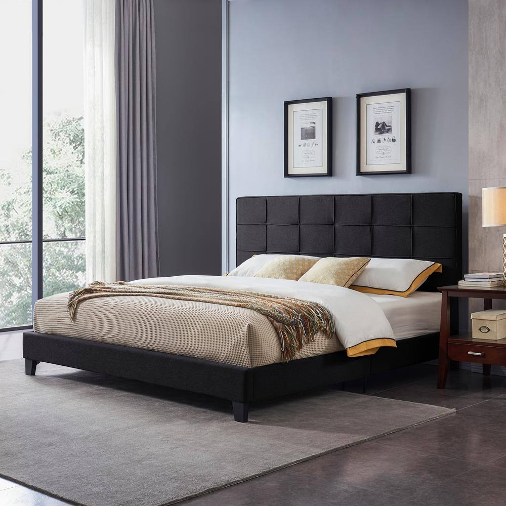 Eveleth Contemporary King Platform Bed with Tufted Black Upholstery