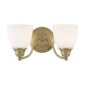 Beaumont 13.5 in. 2-Light Antique Brass Bath Vanity Light with Satin Opal White Glass