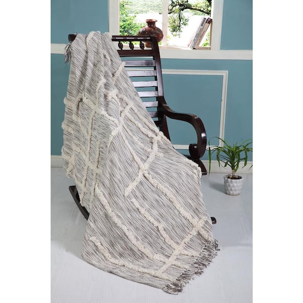 Unbranded Linework 50 in. x 60 in. Gray/Natural Decorative All Natural Cotton Throw Blanket
