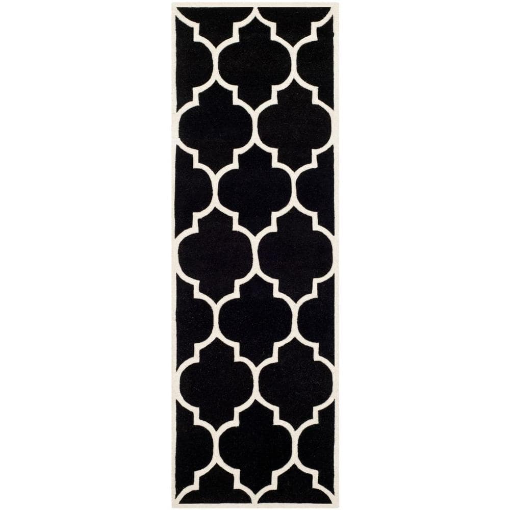 Ivory and Black Geometric Wool Handmade Runner Rug