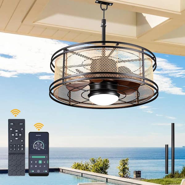 Trevina 23.6 in. Smart Outdoor Matte Black Dimmable Outdoor Farmhouse Caged Ceiling Fan with Light and Remote