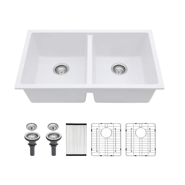 Unbranded 33 in. Drop-In Double Bowl Kitchen Sink with Accessories White Quartz Composite Undermount Kitchen Sink