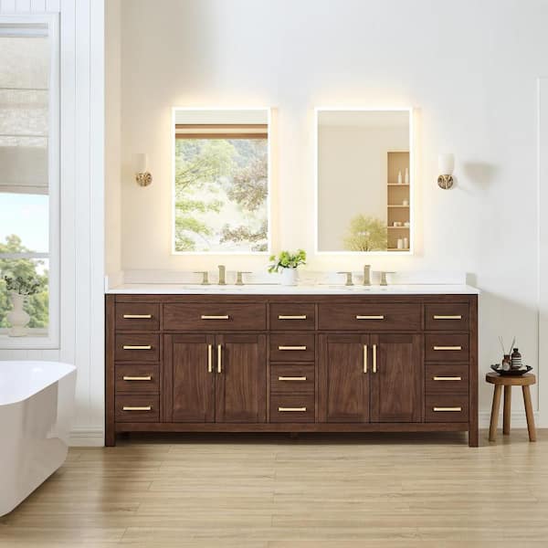 Beckett 84 in. Double Freestanding Dark Walnut Bath Vanity with White Cultured Marble Top