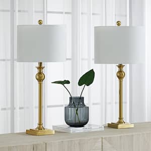 Cleveland 28 in. Brass Table Lamp Set with White Linen Shade (Set of 2)