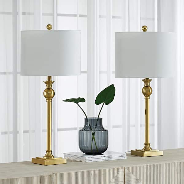Maxax Cleveland 28 in. Brass Table Lamp Set with White Linen Shade (Set of 2)