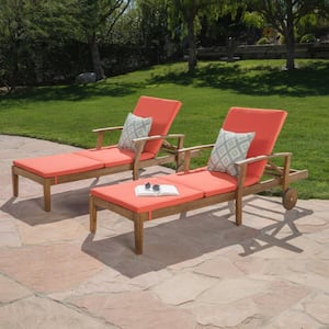 Giancarlo Teak 2-Piece Wood Outdoor Chaise Lounge with Orange Cushion