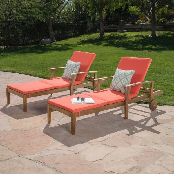 Noble House Giancarlo Teak 2-Piece Wood Outdoor Chaise Lounge with Orange Cushion