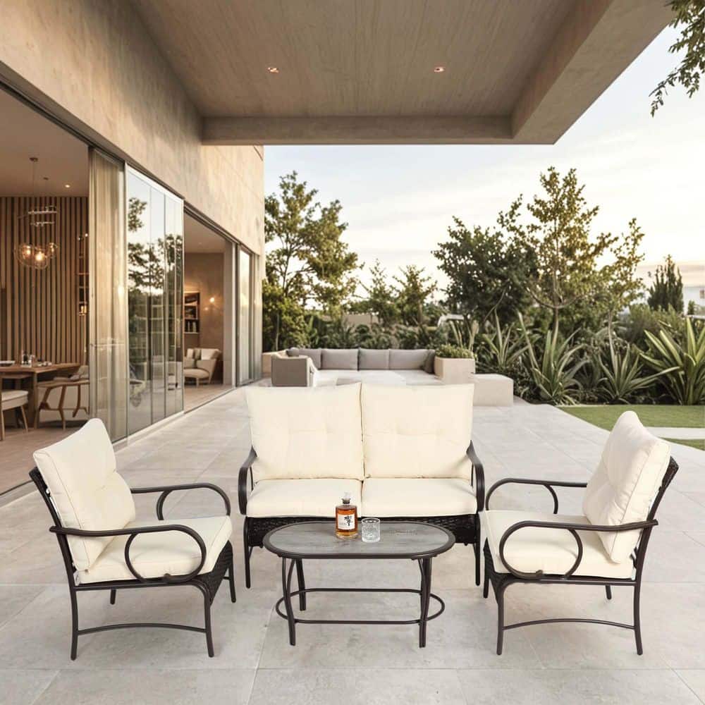4-Piece Outdoor Patio Furniture Set, Wicker Conversation Set with Thick Cus