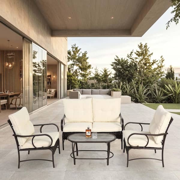 Unbranded 4-Piece Outdoor Patio Furniture Set, Wicker Conversation Set with Thick Cushions, Durable Rattan Sofa Chairs, Beige