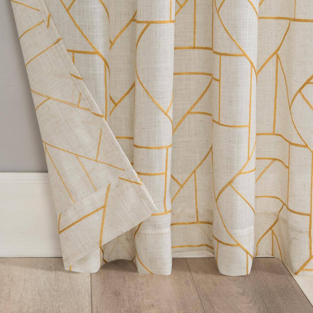 Gold and Linen Light-Filtering Geometric Rod Pocket Curtain Panel