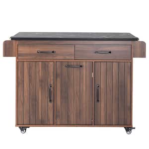 Walnut Brown Wood 51 in. Kitchen Island with Trash Can, Drop Leaf, Spice Rack, Towel Rack and Drawer on Wheels