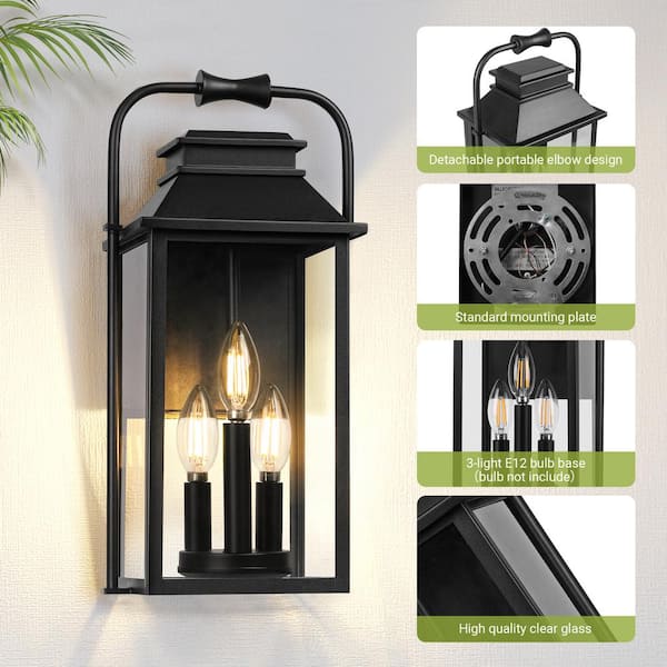 Large Outdoor Light Fixture, 15.8 in. Front Porch Light 3-Lights Anti-Rust Exterior Lantern with Clear Glass for Doorway