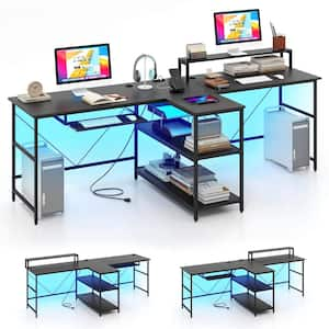 94.5 in. Rectangular Black 2-Person Reversible Office Computer Desk with LED Lights