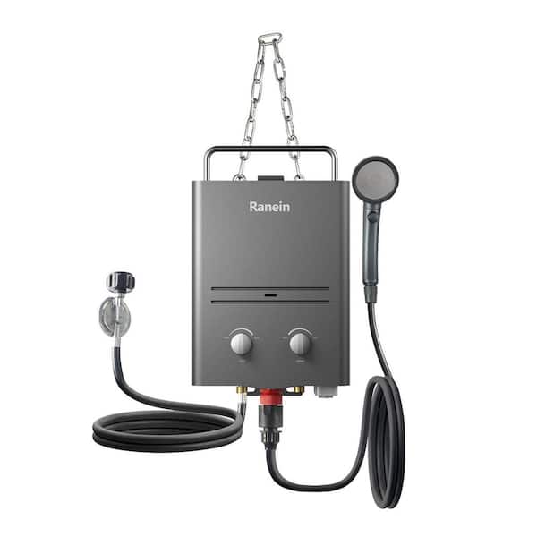 Ranein 3-Sec On Demand Outdoor Portable Propane Tankless Water Heater with Shower Head, 1.58 GPM, Hanging Chain