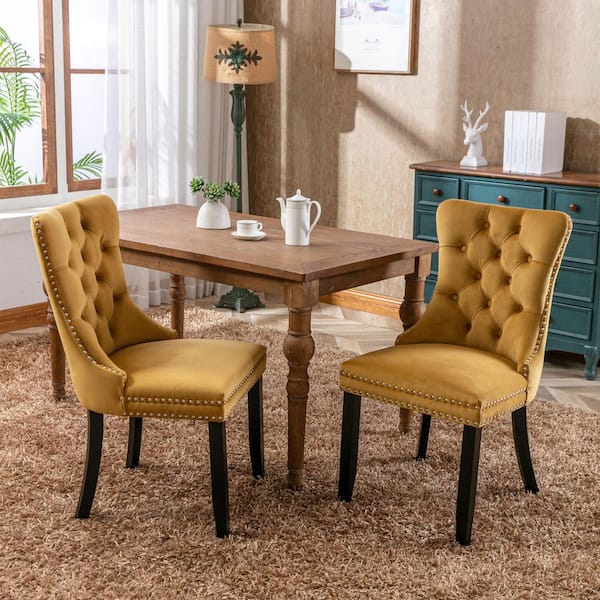 Gold Modern Velvet Upholstered Dining Chair Tufted Nailhead Trim Side Chair with Wood Legs Set of 2