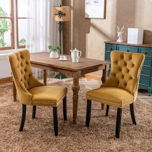 Gold Modern Velvet Upholstered Dining Chair Tufted Nailhead Trim Side Chair with Wood Legs Set of 2