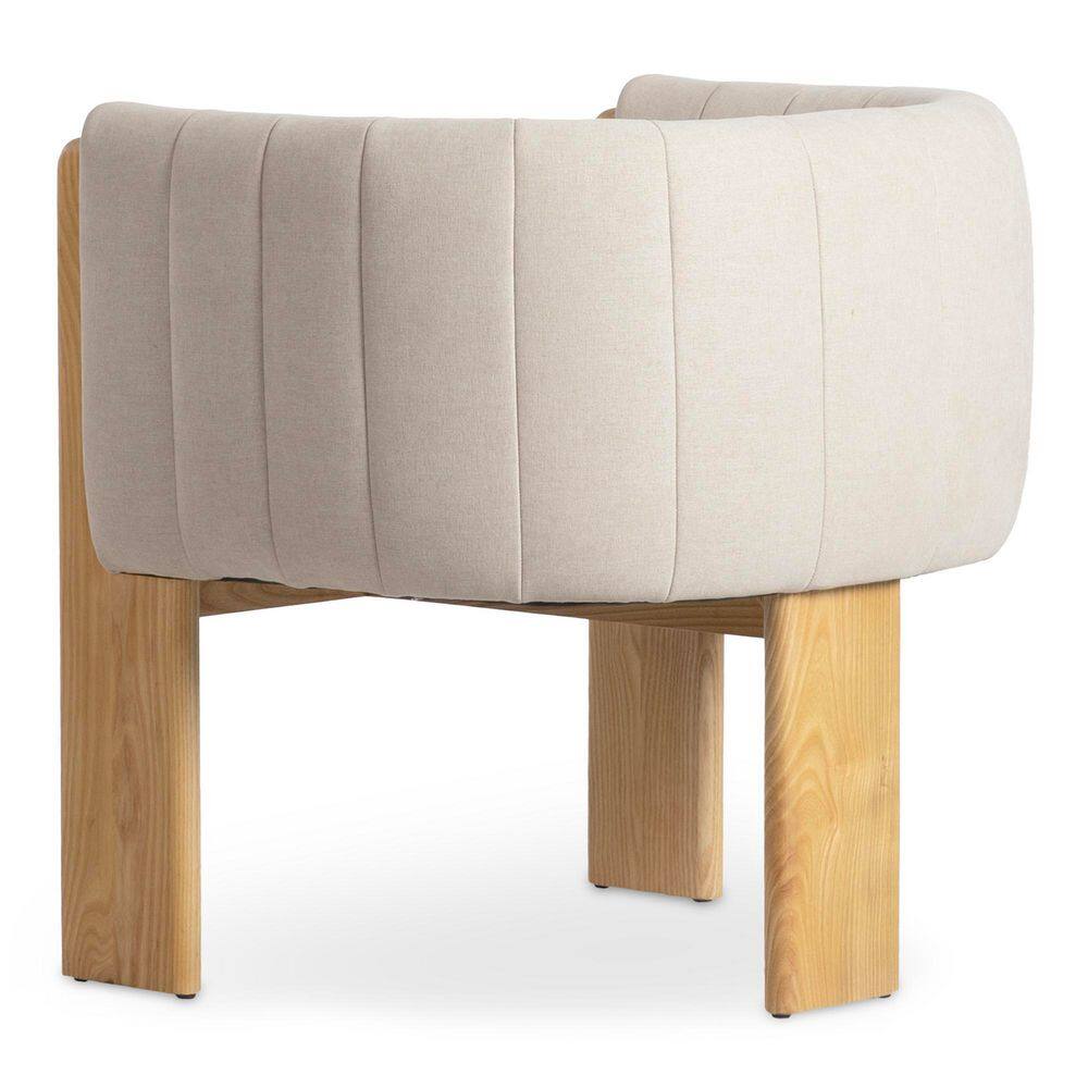 Beige Polyester Upholstered Barrel Chair with Natural Wood Frame