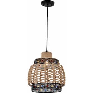 1-Light Black Rope Basket Pendant Light with Colorful Glass Crystals