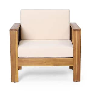 Teak Acacia Wood Outdoor Lounge Chair Club Chairs with Beige Cushions for Patio or Indoor