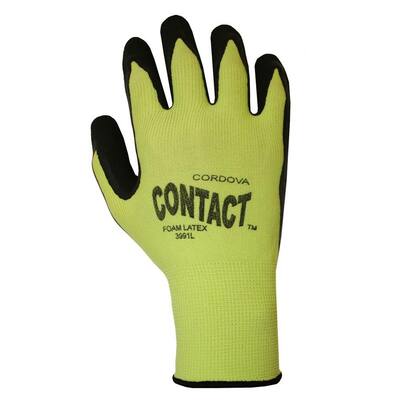 CONTACT Hi-Vis Lime Green Large Work Glove Nylon Shell Black Foam Latex Palm