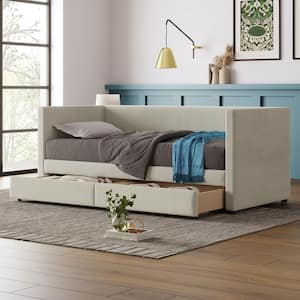 Beige Twin Size Upholstered Wood Daybed with 2-Drawers