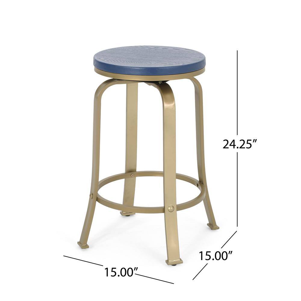 Satin Blue Swivel Counter Stool with Faux Wood Seat and Gold Frame (Set of 2)