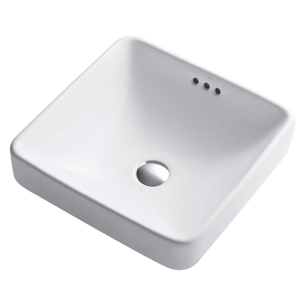 Elavo White Ceramic Square Semi-Recessed Vessel Sink, 16.25 inch