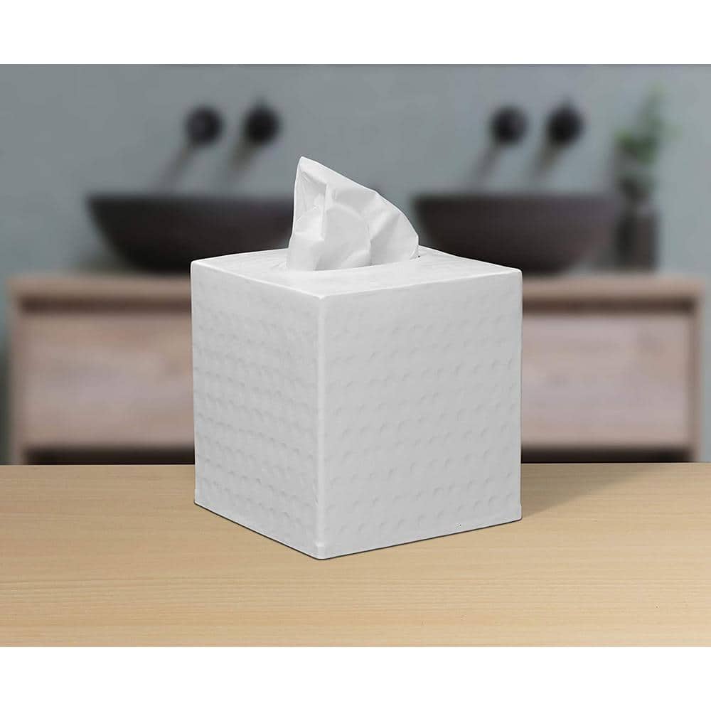 White Hand Hammered Metal Square Tissue Box Cover