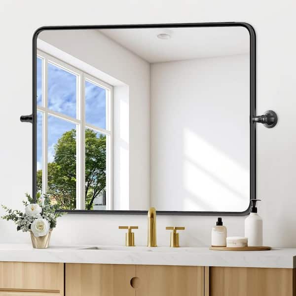 30 in. H x 40 in. W Modern Rectangular Black Stainless Steel Frame Round Corner Adjustable Vanity Mirror Wall Mirror