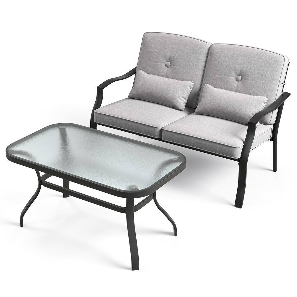 2-Piece Metal Outdoor Patio Conversation Sets with Tempered Glass Coffee Table,Gray Cushions price history on PriceWatchPro