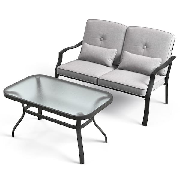 ANGELES HOME 2-Piece Metal Outdoor Patio Conversation Sets with Tempered Glass Coffee Table,Gray Cushions