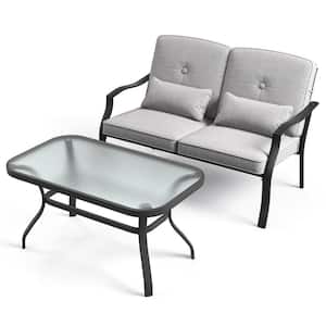 2-Piece Metal Outdoor Patio Conversation Sets with Tempered Glass Coffee Table,Gray Cushions