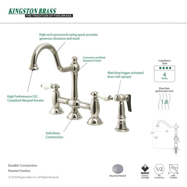 Restoration 2-Handle Bridge Kitchen Faucet with Side Sprayer in Brushed Nickel