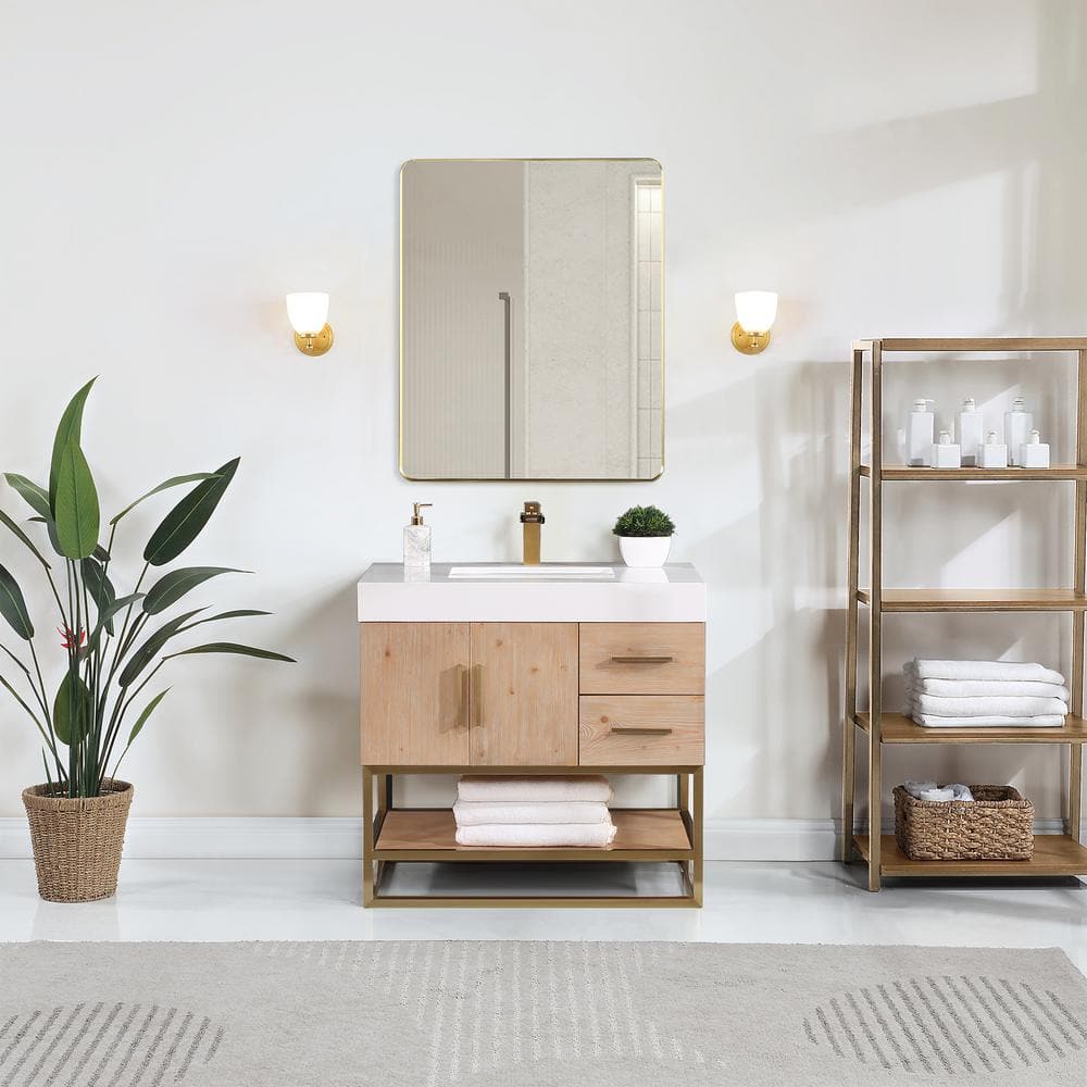 Bianco 60 Double Bathroom Vanity in Light Brown with Brushed Gold Support Base and White Composite Stone Countertop Without Mirror