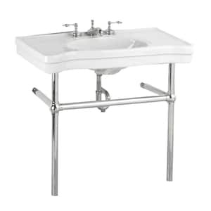 Belle Epoque 35-1/2 in. Console Bathroom Sink Vitreous China in White with Chrome Bistro Legs & Widespread Faucet Holes