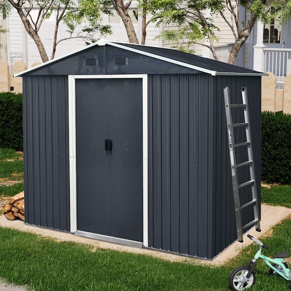 Durab, 8 ft. W x 4 ft. D, Outdoor Metal Storage Shed with Sliding Door and foundation (Black and White), 32 sq ft