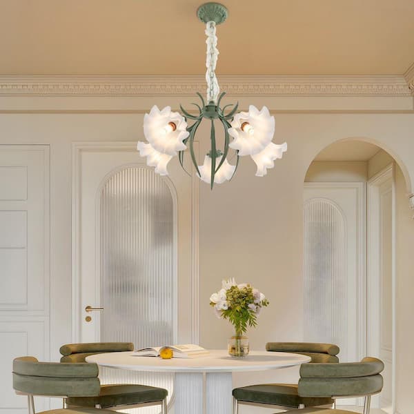yui_flower.design OUKANING 25.59 in. 5-Light Green Modern Flower Shape Chandelier