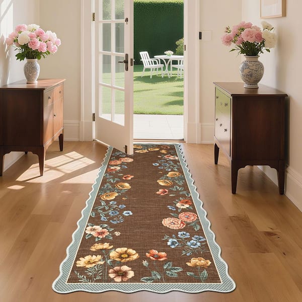 Coffee 2 ft. x 6 ft. Floral Scalloped Rug Low Pile Non-Slip Polyester for Living Rooms and Bedrooms