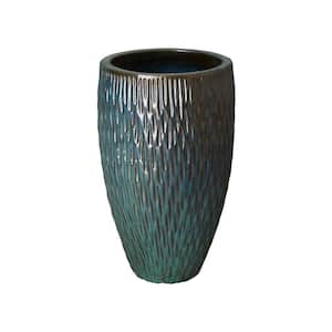 17 in. Dia Tall Teal Ceramic Round Textured Planter