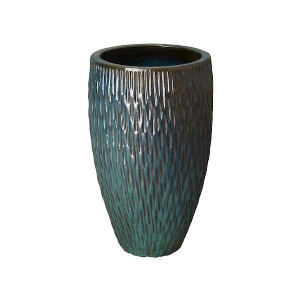 Emissary Tall 17 in. L x 27 in. H Teal Ceramic Round Planter with Drainage Hole
